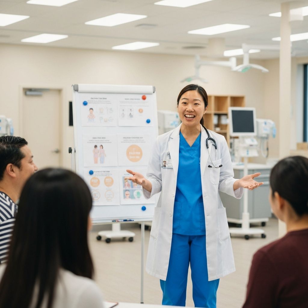 Healthcare professional providing education to diverse community members